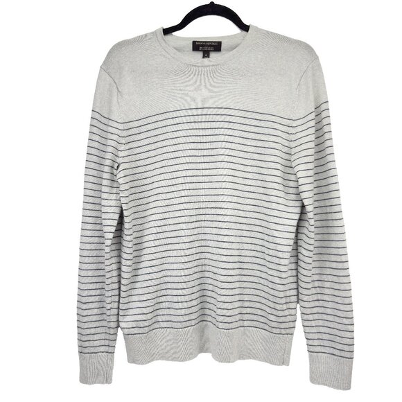 BANANA REPUBLIC 100% Merino Wool Striped Gray/Black Crewneck Sweater Size  M - Picture 1 of 7